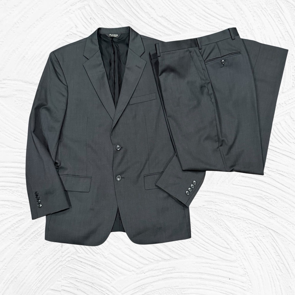 Jos A Bank Traveler Suit 42R 34X30.5 Birdseye Tailored Fit Black 2 BTN